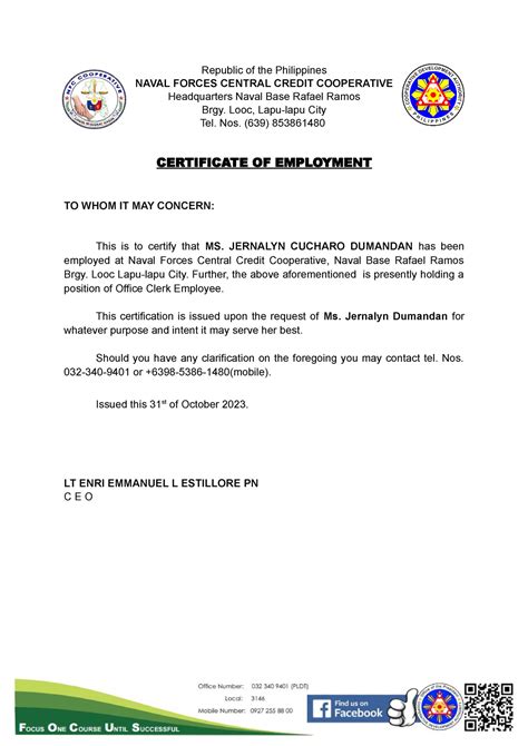 certificate of employment pnp|Employment Certificate .